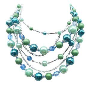 Vintage Multi-Strand Beaded Necklace with Green & Blue Pearlescent and Crystal
